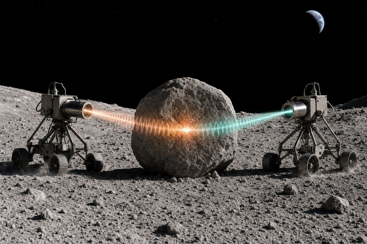 Concept render: two rover-mounted millimeter-wave emitters on the lunar surface aiming counter-propagating beams into a meter-scale boulder, with a glowing interior hotspot where the beams converge and Earth visible in the black sky.