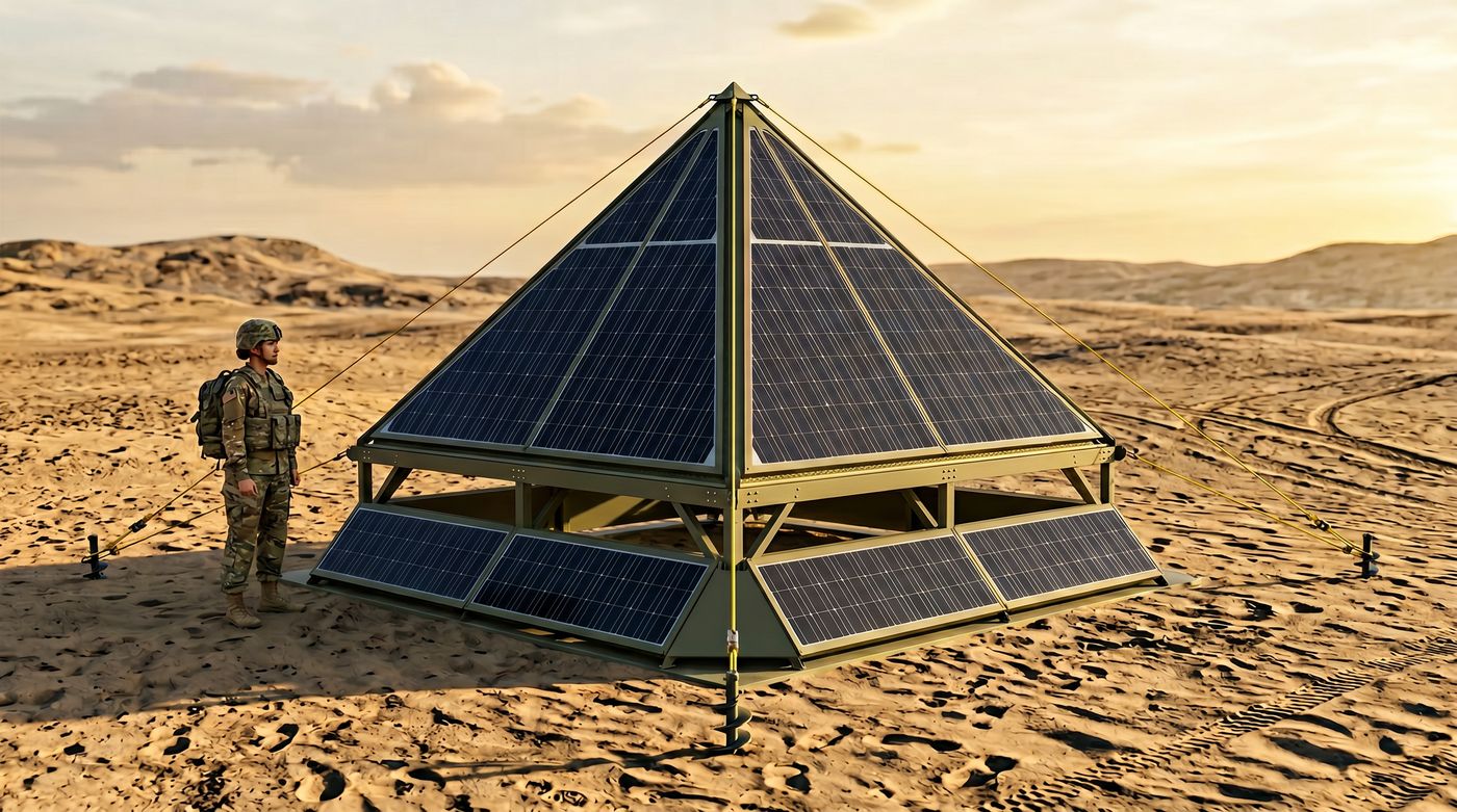 Bipyramid Mk2 deployable solar shelter, shown in desert operational configuration with photovoltaic panels on upper and lower faces.