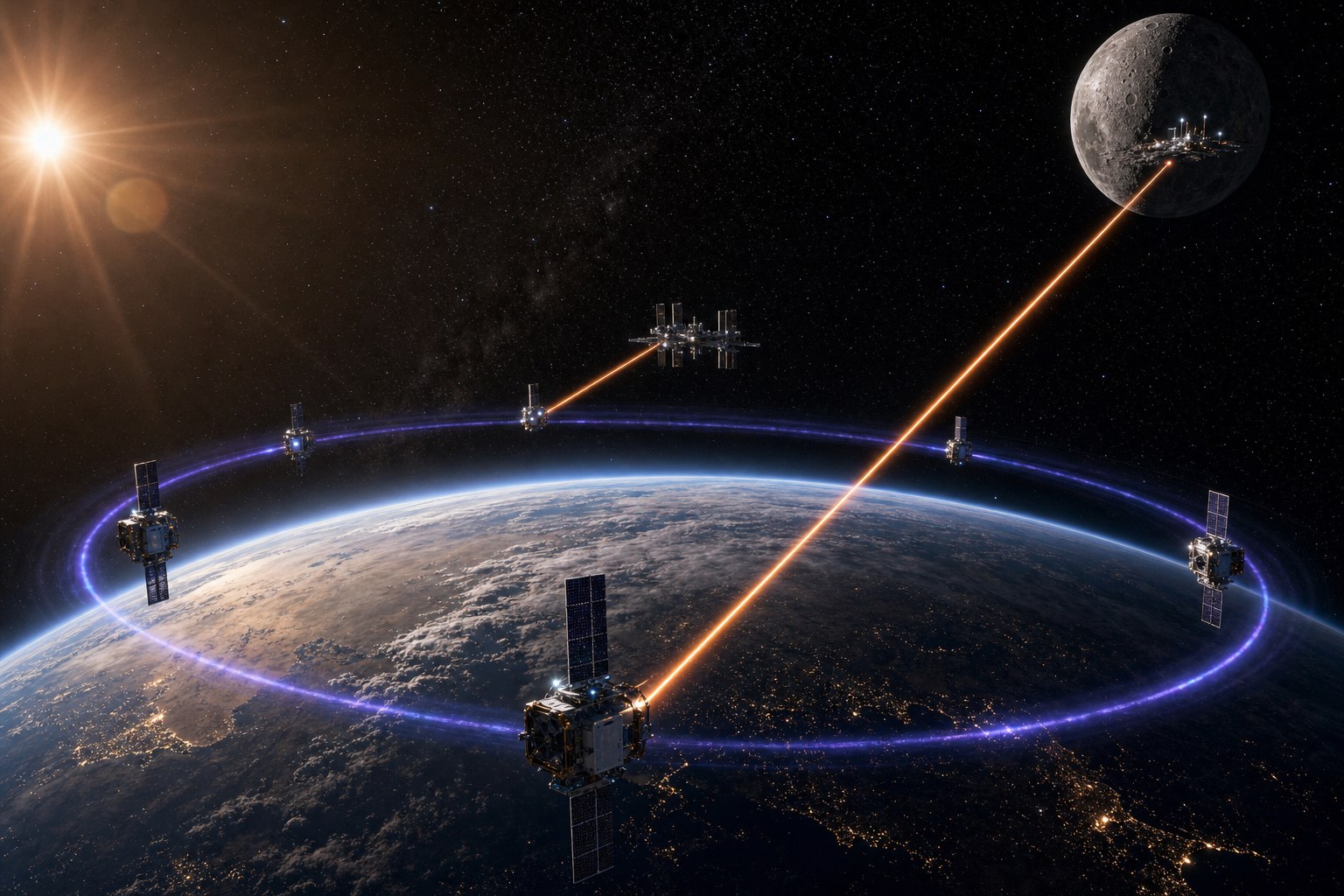 Concept render: orbital constellation of OICK satellites circulating a particle beam through the inner Van Allen belt, with laser power delivery to a space station and the lunar surface.