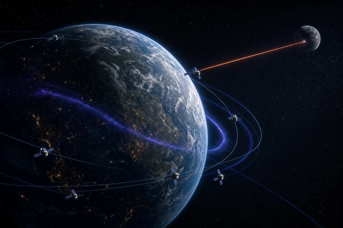 Concept render: six-satellite OICK constellation circling Earth at dawn, with a laser beam aimed toward the Moon.