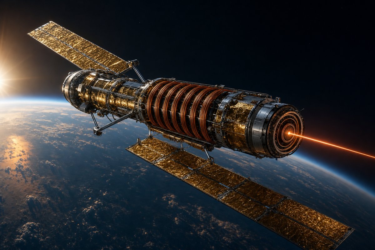 Concept render: close-up of a single OICK satellite showing solar arrays, the cylindrical OICK acceleration section, and the laser transmitter aperture.